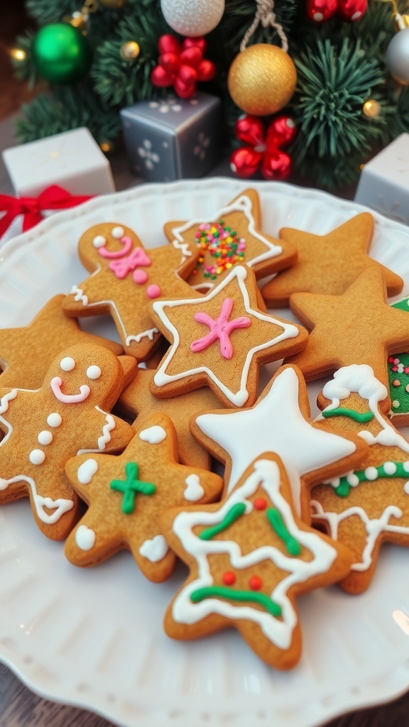 Classic Gingerbread Cookies Recipe A plate of decorated gingerbread cookies in festive shapes, with icing and sprinkles, surrounded by holiday decorations.